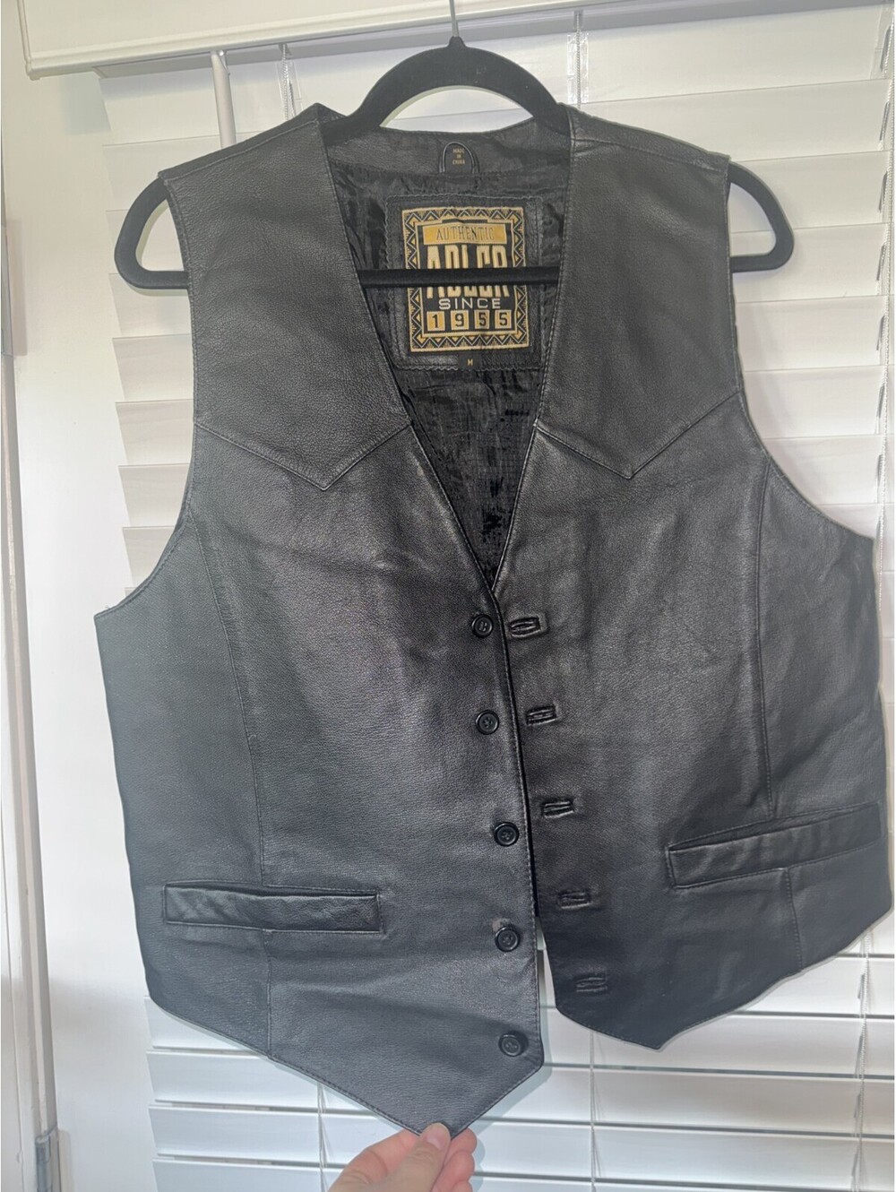 Authentic Adler Black Leather Vest Size Medium Western Biker Moto Button Front